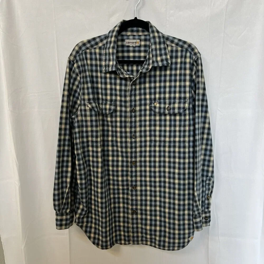 Carhartt Relaxed Fit L Heavy Cotton Long Sleeve Button Up Shirt Blue Plaid‎ Work